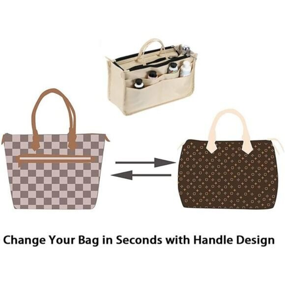 BTSKY Purse Organizer Insert Tote Bag High Capacity 13 Pocket Handbag Beige - Picture 7 of 8